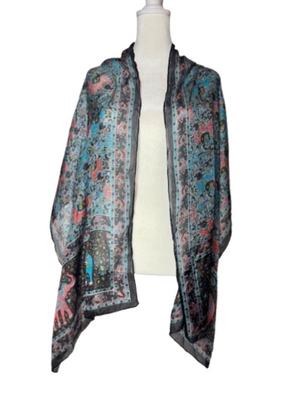 Lightweight 100% Silk Black & Blue Floral & Elephant Sheer Shawl Wrap Scarf